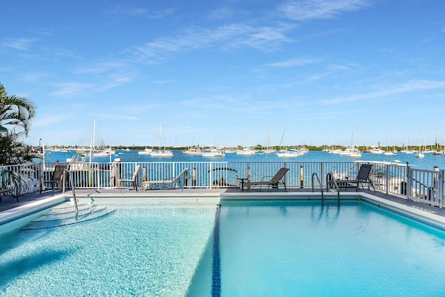 view of pool with a water view