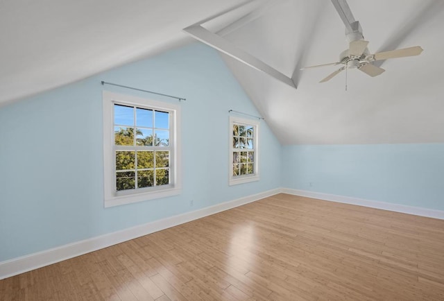 bonus room featuring light hardwood / wood-style flooring, ceiling fan, and vaulted ceiling