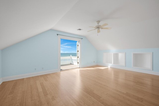 bonus room featuring lofted ceiling, ceiling fan, and light hardwood / wood-style flooring