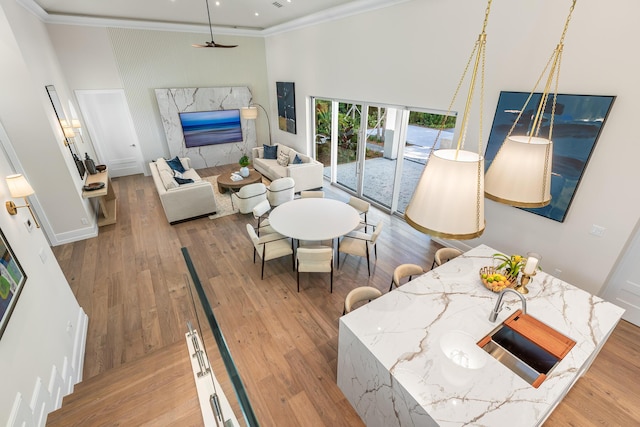 living room featuring a fireplace, crown molding, a towering ceiling, and wood finished floors