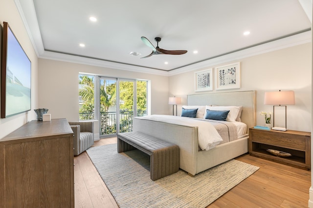 bedroom featuring light wood-style flooring, recessed lighting, visible vents, access to outside, and ornamental molding