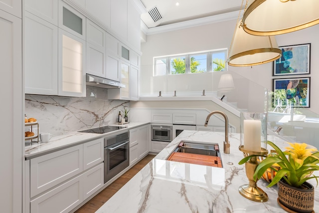 kitchen with tasteful backsplash, stainless steel oven, a sink, under cabinet range hood, and black electric cooktop