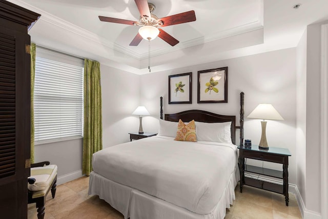 3841 N Roosevelt Blvd Unit 222, Key West, FL 33040 - bedroom featuring ornamental molding, a raised ceiling, and ceiling fan