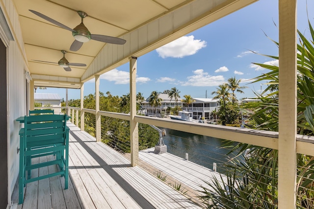 wooden terrace featuring a water view