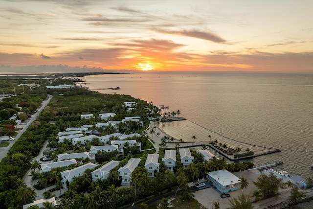 aerial view at dusk featuring a water view