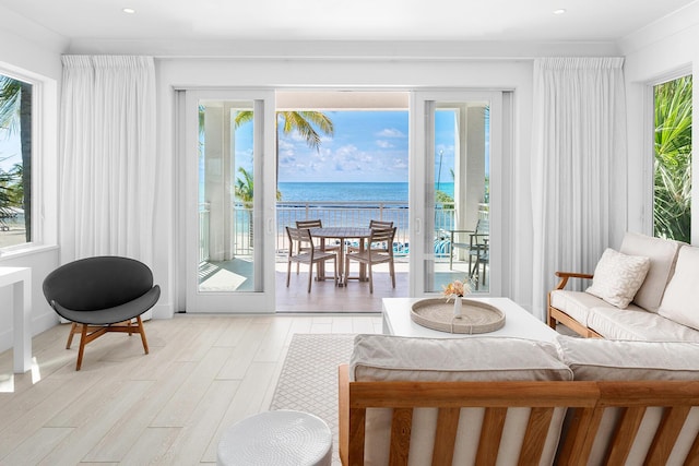 interior space featuring ornamental molding, a water view, and light wood-type flooring