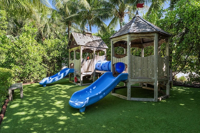 view of jungle gym with a yard