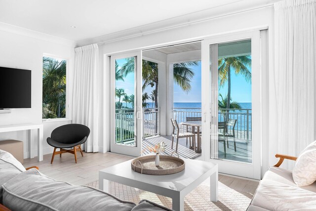 living room featuring ornamental molding, light hardwood / wood-style floors, and a water view