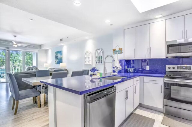 kitchen featuring tasteful backsplash, sink, white cabinets, kitchen peninsula, and stainless steel appliances