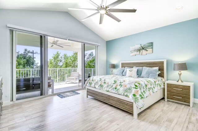 bedroom with vaulted ceiling, access to outside, ceiling fan, and light hardwood / wood-style flooring