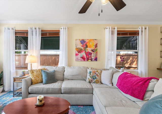 living room featuring ceiling fan and ornamental molding