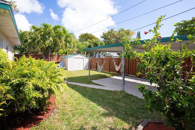 view of yard featuring a patio area and a shed