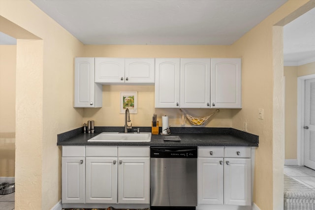 kitchen with sink, stainless steel dishwasher, and white cabinets