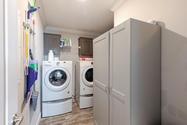 27163 Mariposa Rd, Ramrod, FL 33042 - laundry area featuring ornamental molding, light wood-type flooring, cabinet space, and washer and dryer