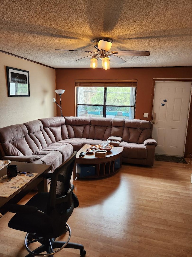 living room featuring ceiling fan, a textured ceiling, and wood finished floors