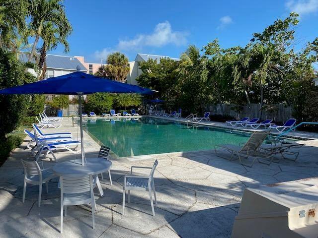 pool featuring fence and a patio