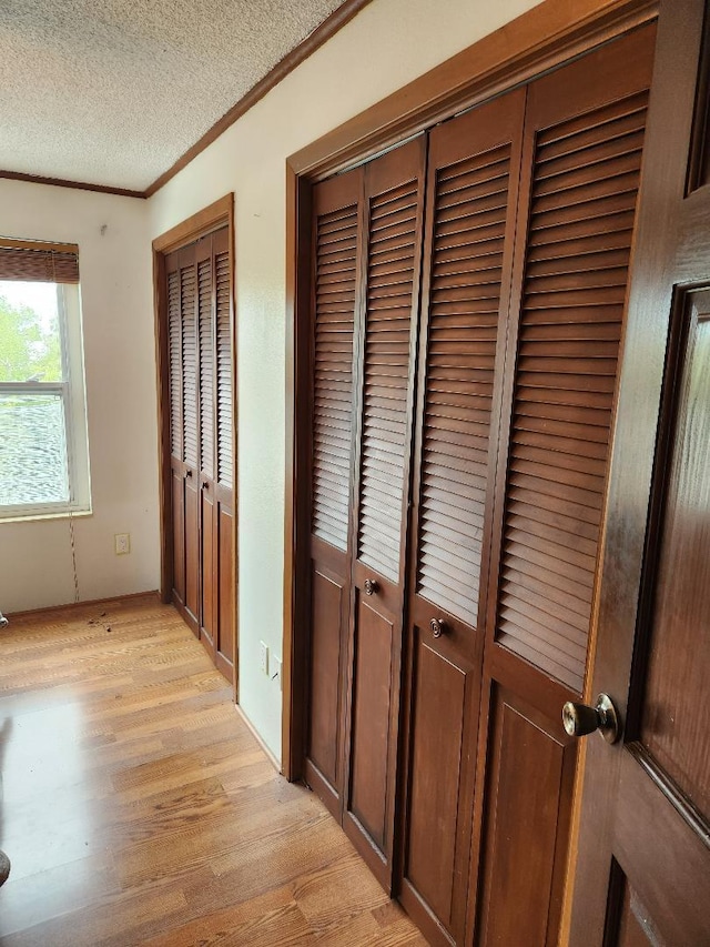 hallway featuring ornamental molding, light wood-style flooring, and a textured ceiling