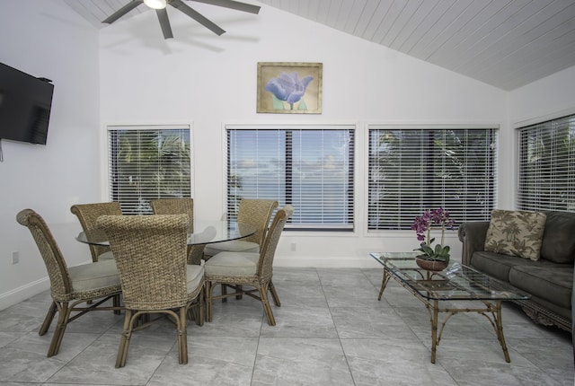 interior space with wood ceiling, ceiling fan, and high vaulted ceiling