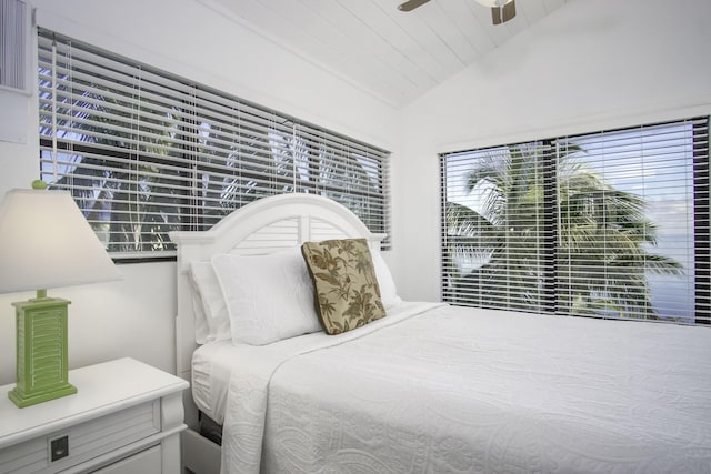 bedroom featuring ceiling fan and vaulted ceiling