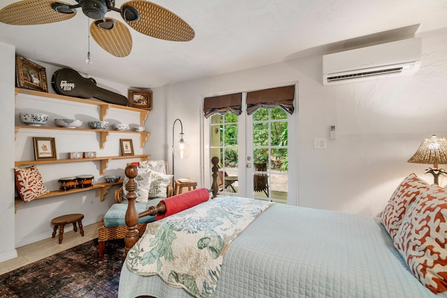 bedroom featuring french doors, ceiling fan, access to exterior, and an AC wall unit