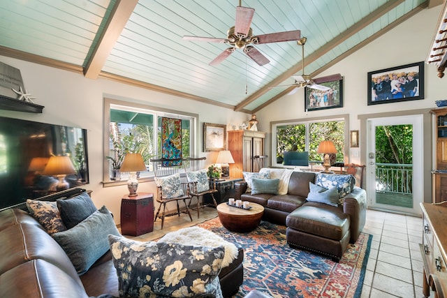 living room with light tile patterned flooring, beam ceiling, and high vaulted ceiling