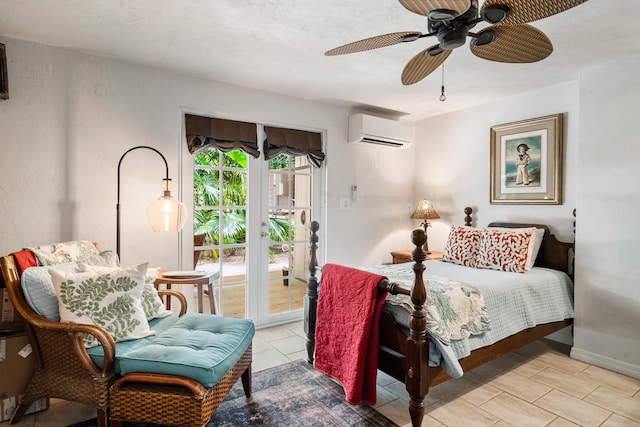 bedroom featuring ceiling fan, a wall mounted air conditioner, and access to exterior