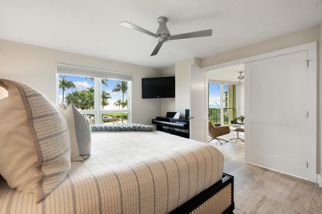 bedroom featuring ceiling fan and light wood-type flooring