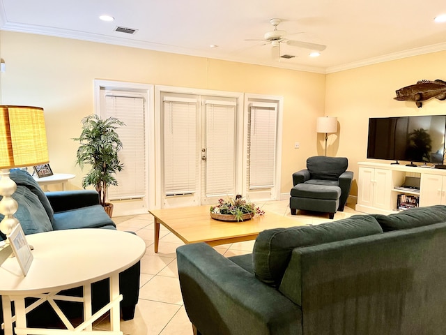 living room featuring light tile patterned floors, recessed lighting, visible vents, and crown molding