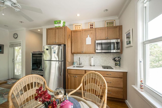 kitchen featuring wood-type flooring, sink, backsplash, ornamental molding, and stainless steel appliances