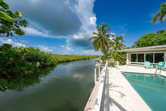 view of pool with a water view