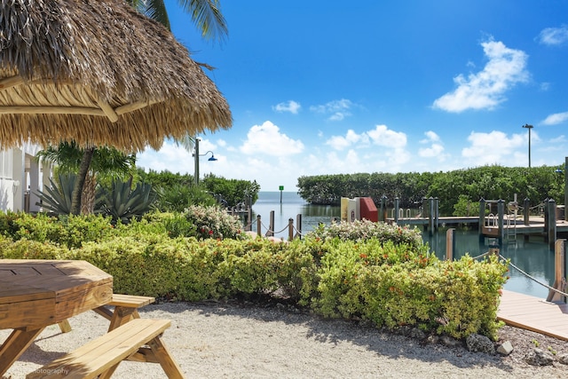 view of property's community with a dock and a water view