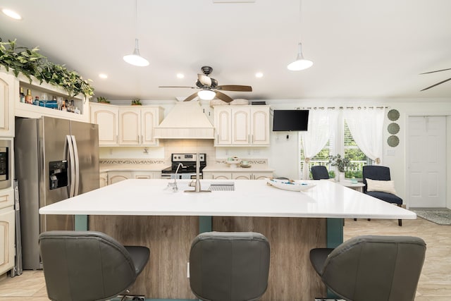 7 125th St, Gulf, Marathon, FL 33050 - kitchen with stainless steel appliances, a ceiling fan, custom exhaust hood, a kitchen bar, and crown molding