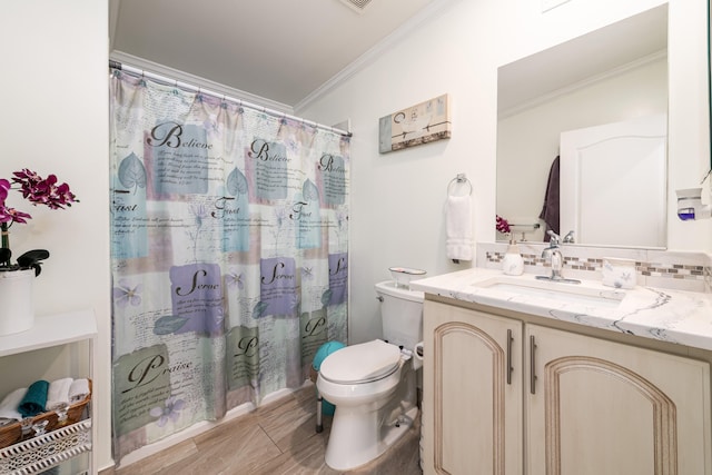 7 125th St, Gulf, Marathon, FL 33050 - bathroom with ornamental molding, toilet, vanity, tasteful backsplash, and a shower with shower curtain