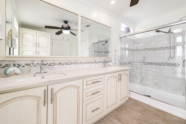 7 125th St, Gulf, Marathon, FL 33050 - full bath with ceiling fan, a shower stall, crown molding, and double vanity