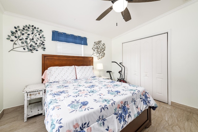7 125th St, Gulf, Marathon, FL 33050 - bedroom with ornamental molding, a closet, lofted ceiling, a ceiling fan, and baseboards