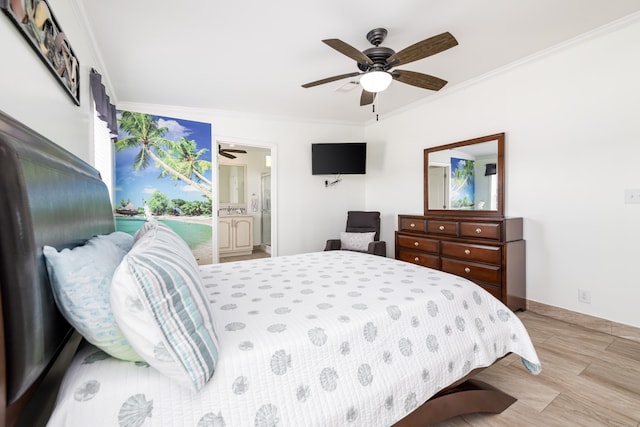 7 125th St, Gulf, Marathon, FL 33050 - bedroom with crown molding, baseboards, ceiling fan, and ensuite bath