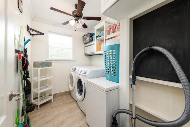 7 125th St, Gulf, Marathon, FL 33050 - laundry area with independent washer and dryer, a ceiling fan, crown molding, and light wood-style flooring