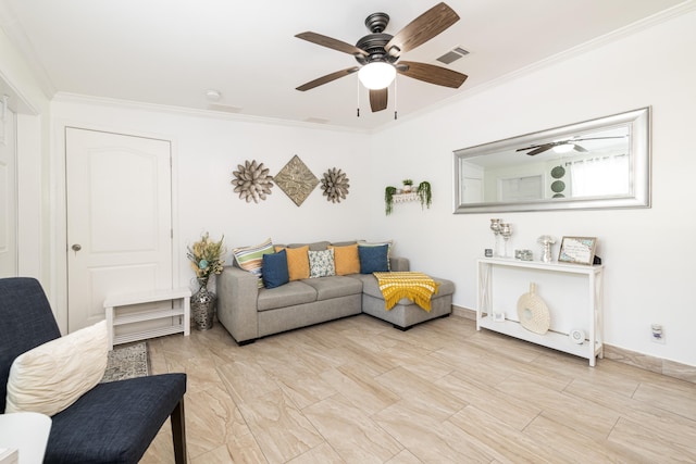 7 125th St, Gulf, Marathon, FL 33050 - living room featuring ornamental molding, a ceiling fan, and baseboards