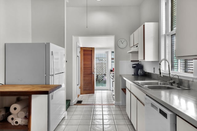 kitchen featuring white cabinetry, a sink, white appliances, and plenty of natural light