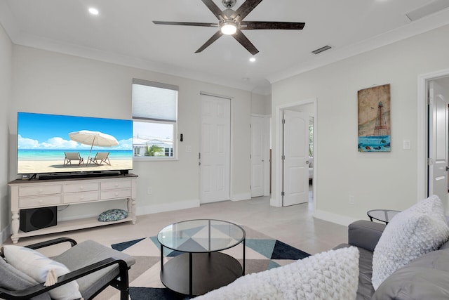 living area featuring a ceiling fan, recessed lighting, visible vents, and plenty of natural light