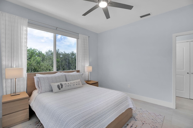 bedroom featuring baseboards, a ceiling fan, and visible vents