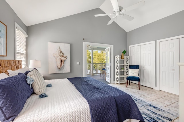 2605 Gulfview Dr, Key West, FL 33040 - bedroom featuring multiple closets, tile patterned floors, access to exterior, a ceiling fan, and high vaulted ceiling