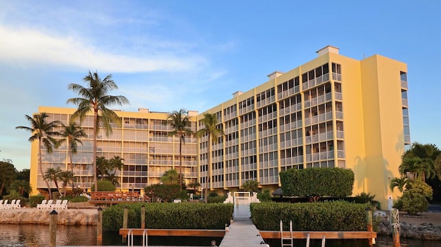 view of building exterior with a water view