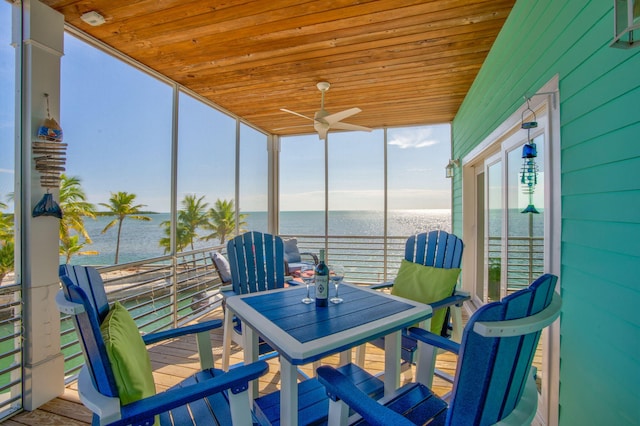 sunroom / solarium with a water view, a wealth of natural light, and wooden ceiling