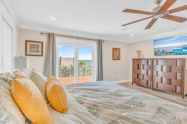 bedroom featuring ornamental molding, access to exterior, ceiling fan, and light hardwood / wood-style flooring