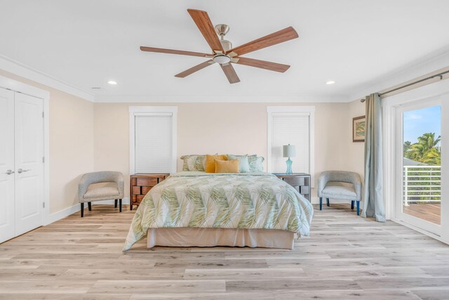 bedroom with ornamental molding, access to outside, ceiling fan, and light wood-type flooring