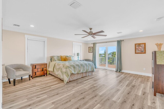 bedroom with ornamental molding, access to outside, ceiling fan, and light hardwood / wood-style flooring