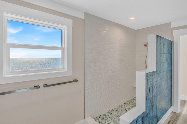 bathroom featuring a tile shower, hardwood / wood-style flooring, and a water view