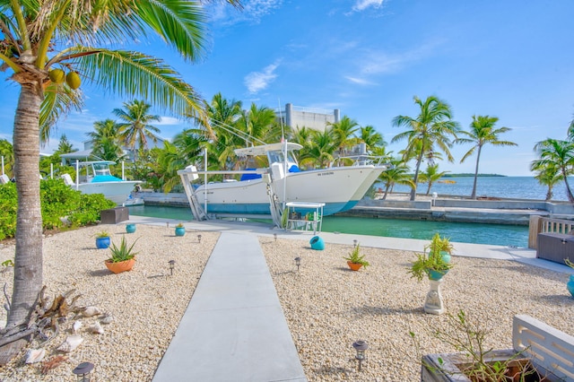 view of play area with a water view