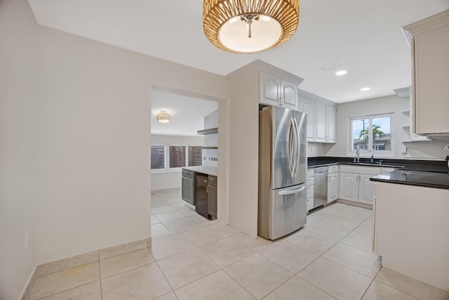 kitchen with recessed lighting, light tile patterned flooring, open shelves, dark countertops, and appliances with stainless steel finishes